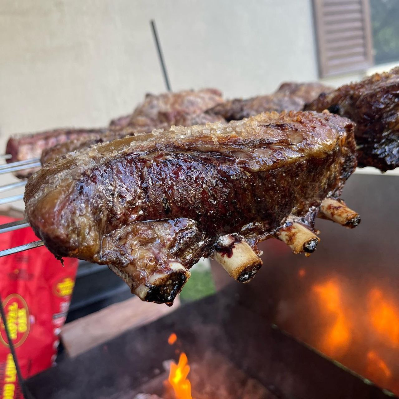 Close-up of BBQ meat on fire